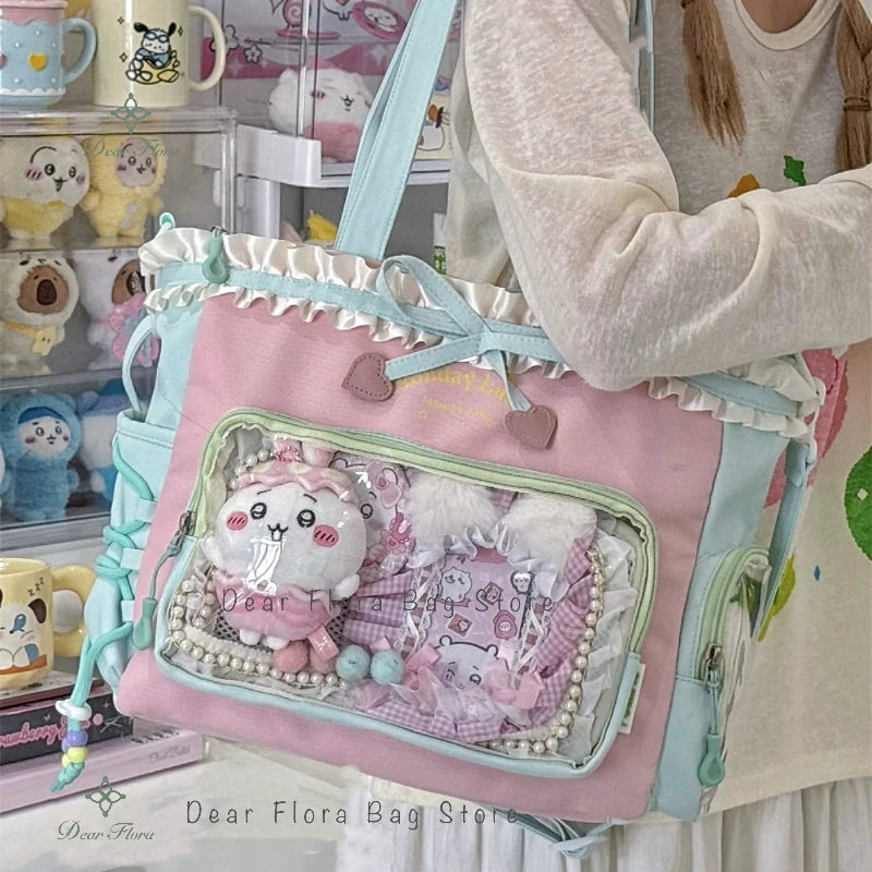 New Y2k Sweet Shoulder Bag Lolita Girl Transparent Tote Bag Women Large Capacity Lace Bow Crossbody Bag Cute DIY Display Handbag