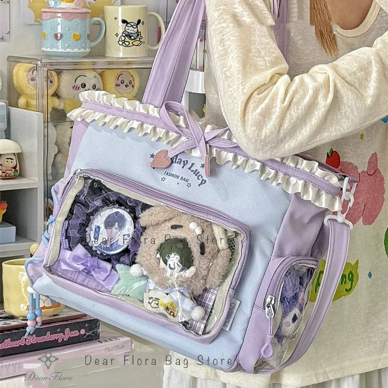 New Y2k Sweet Shoulder Bag Lolita Girl Transparent Tote Bag Women Large Capacity Lace Bow Crossbody Bag Cute DIY Display Handbag
