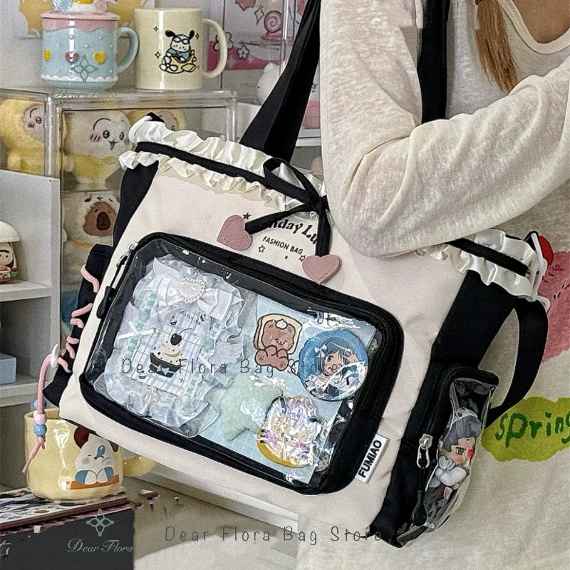 New Y2k Sweet Shoulder Bag Lolita Girl Transparent Tote Bag Women Large Capacity Lace Bow Crossbody Bag Cute DIY Display Handbag