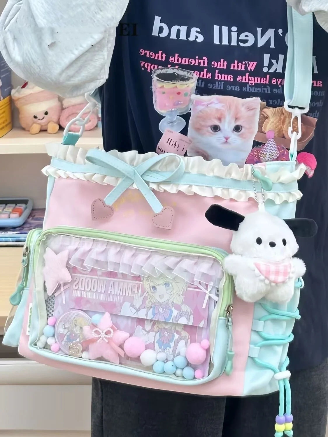 New Y2k Sweet Shoulder Bag Lolita Girl Transparent Tote Bag Women Large Capacity Lace Bow Crossbody Bag Cute DIY Display Handbag