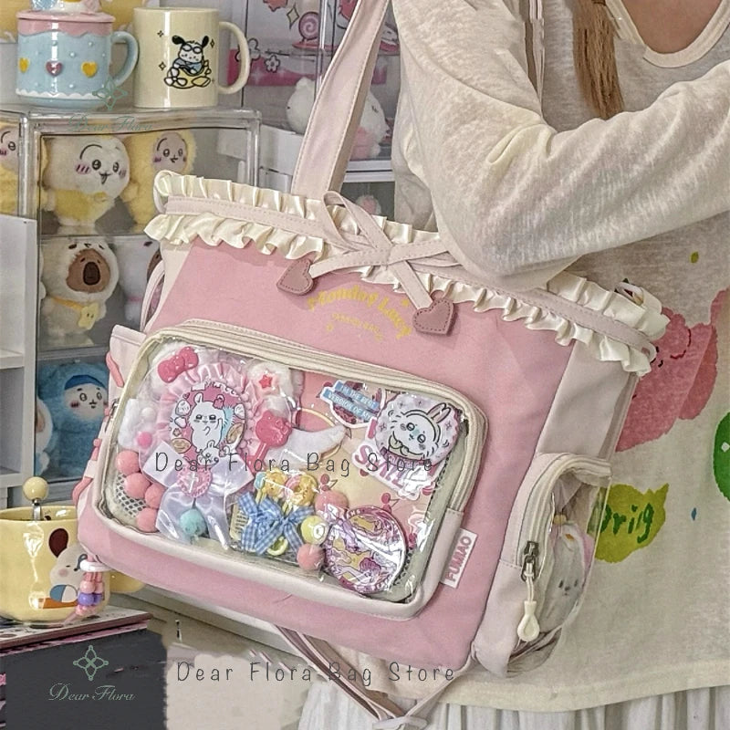 New Y2k Sweet Shoulder Bag Lolita Girl Transparent Tote Bag Women Large Capacity Lace Bow Crossbody Bag Cute DIY Display Handbag