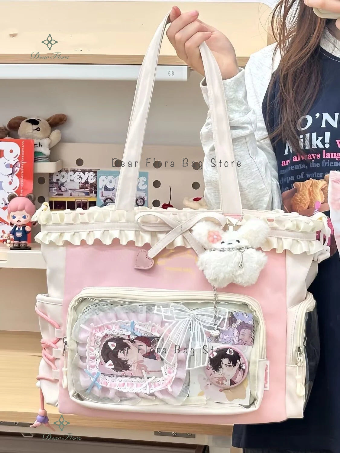 New Y2k Sweet Shoulder Bag Lolita Girl Transparent Tote Bag Women Large Capacity Lace Bow Crossbody Bag Cute DIY Display Handbag